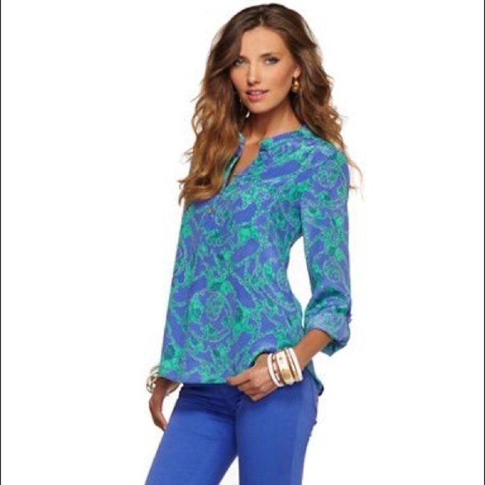 𝅺LILLY Pulitzer Delray Tunic Top XS Loopy Print Green Blue Silk